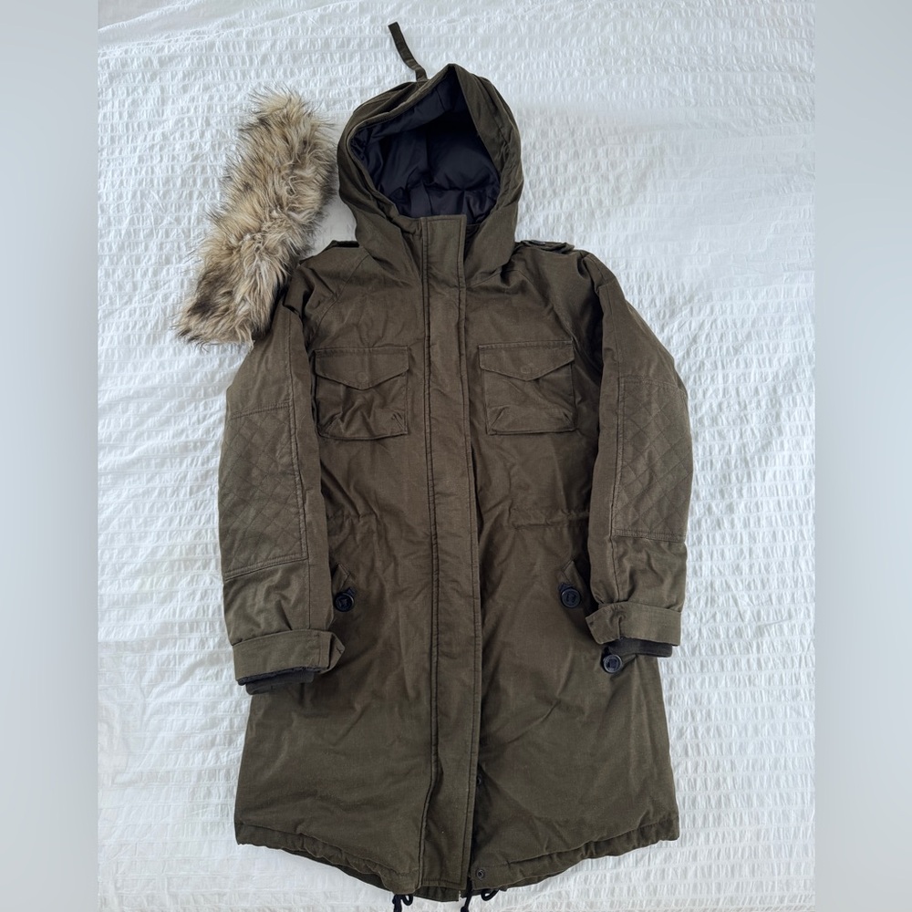 Aritzia Community Olive Green Hooded Parka with Faux Fur